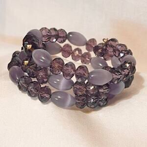 Multi-wrap Memory Wire Iridescent Violet & Purple Swirl Glass Bead Bracelet